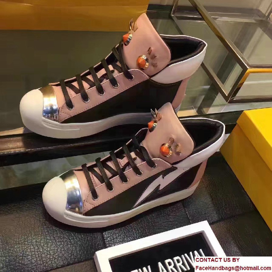 Fendi Multicolored Metal And Studs Faces Motif High-Top Sneakers Pink 2017