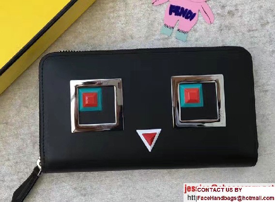 Fendi Multicolored Metal and Square Eyes Zip-Around Wallet Black 2017 - Click Image to Close