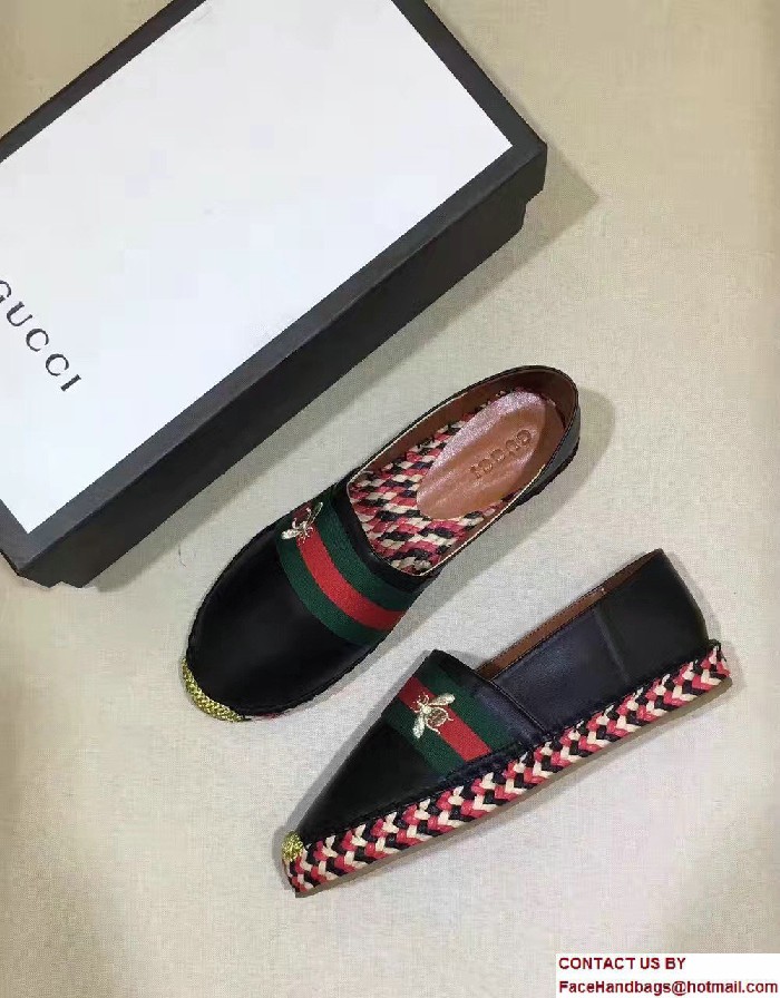 Gucci Bee Leather Web Espadrilles Black 2017