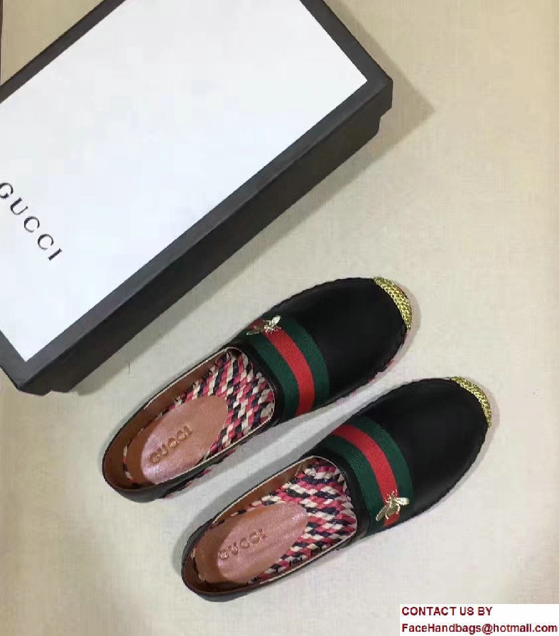 Gucci Bee Leather Web Espadrilles Black 2017