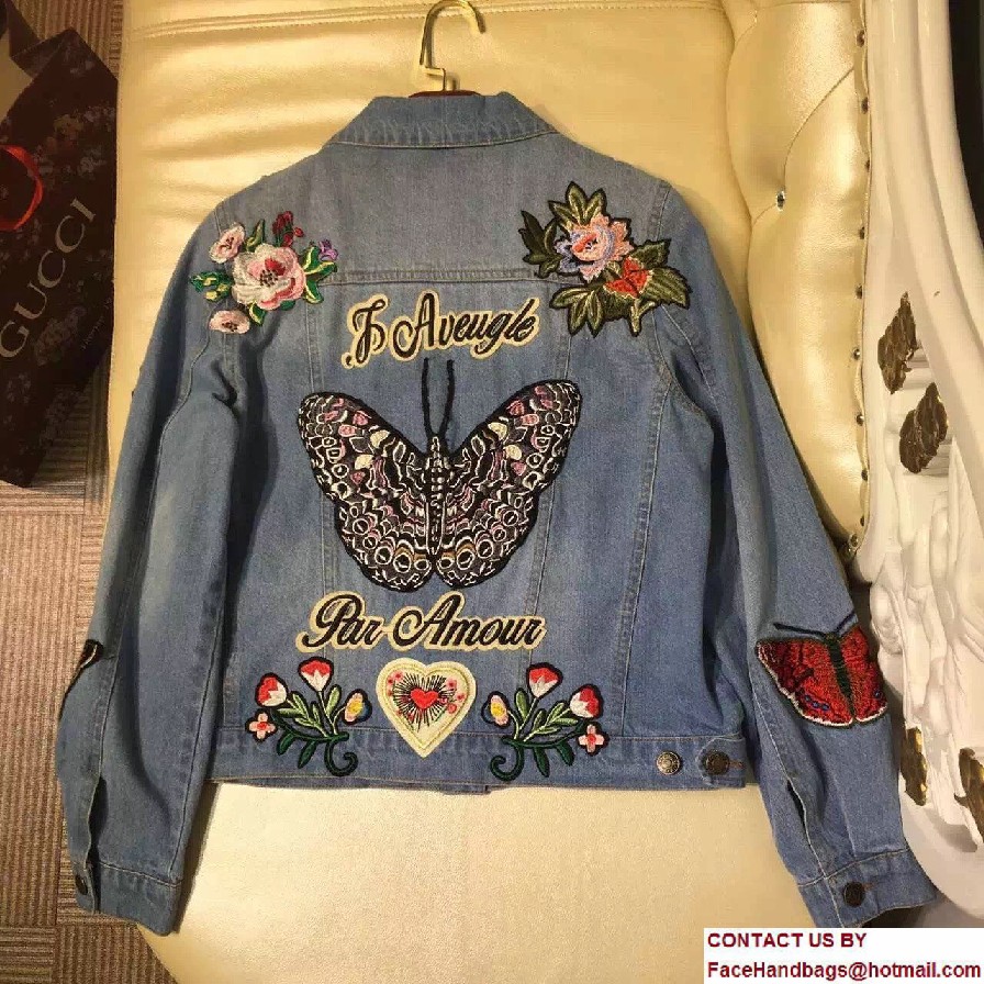 Gucci Embroidered Bird Bee Butterfly and Flowers Denim Jacket 2017