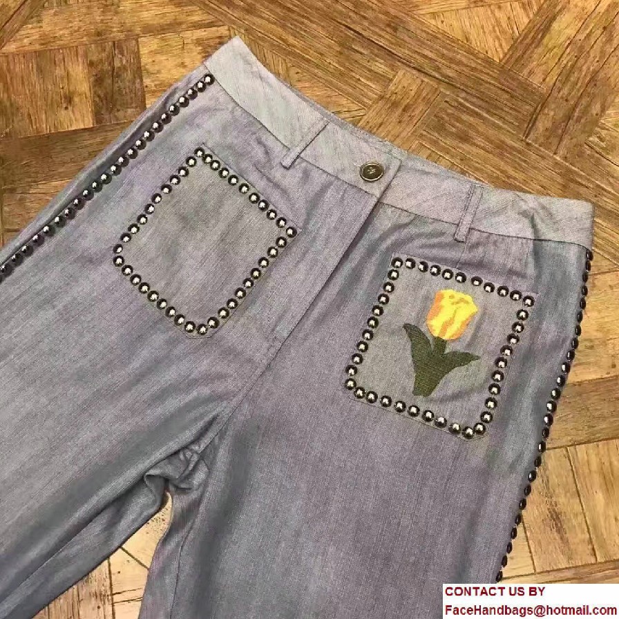 Gucci Embroidered Flower Studded Denim Pant 2017