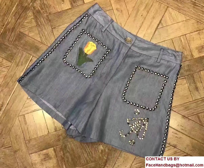 Gucci Embroidered Flower Studded Denim Short 2017 - Click Image to Close