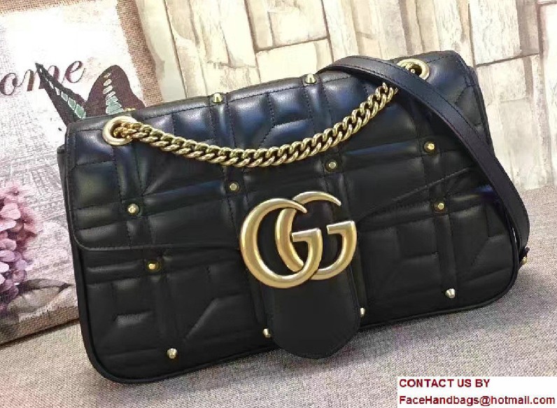 Gucci GG Marmont Matelasse Chevron Medium Chain Shoulder Bag 443496 Black Studs 2016 - Click Image to Close