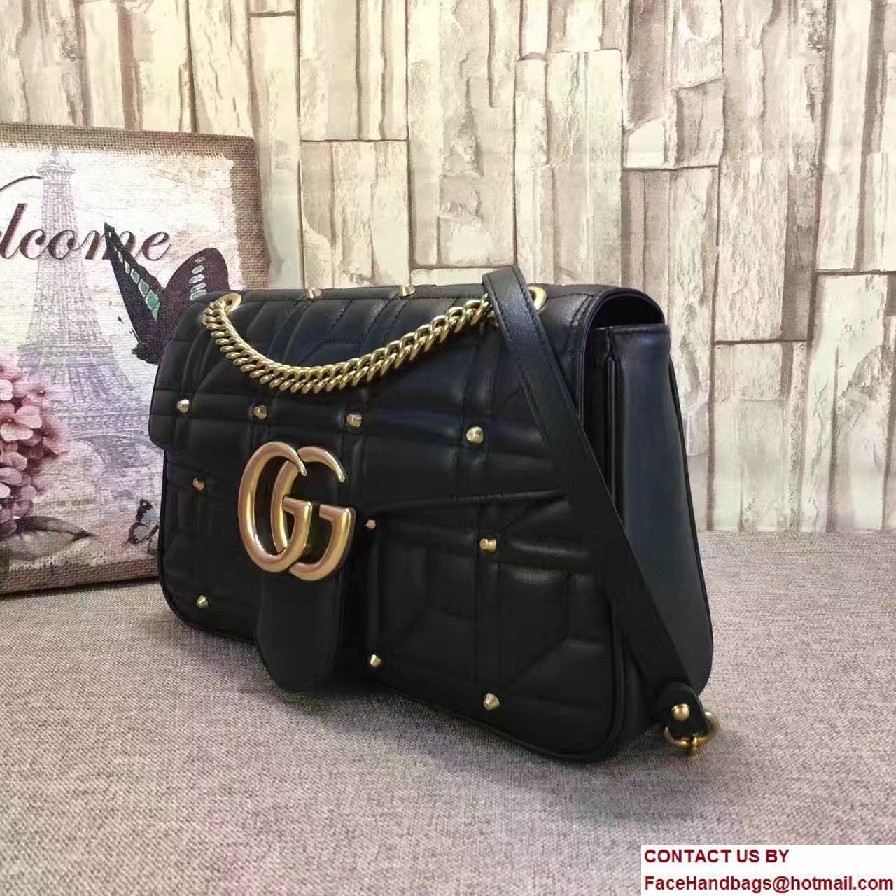 Gucci GG Marmont Matelasse Chevron Medium Chain Shoulder Bag 443496 Black Studs 2016