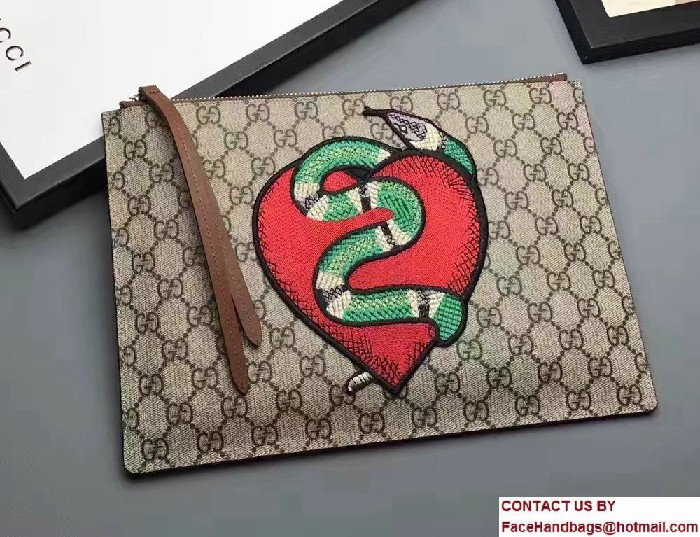 Gucci GG Supreme Zip Pouch Clutch Bag 456864 Brown Limited Edition Embroidered Heart And Snake 2017