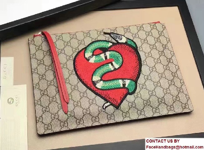 Gucci GG Supreme Zip Pouch Clutch Bag 456864 Red Limited Edition Embroidered Heart And Snake 2017 - Click Image to Close