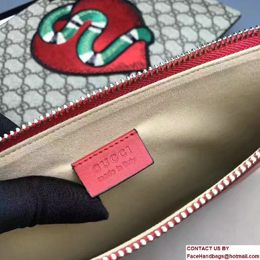 Gucci GG Supreme Zip Pouch Clutch Bag 456864 Red Limited Edition Embroidered Heart And Snake 2017