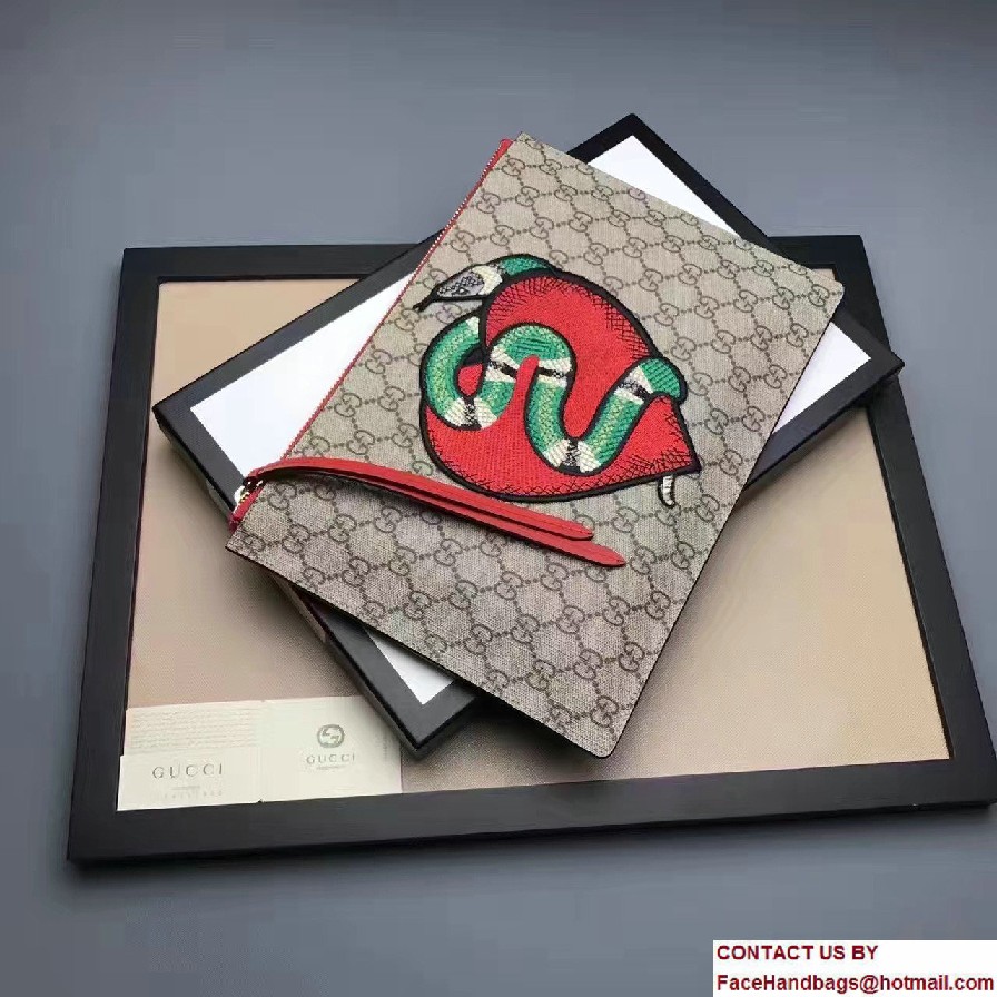 Gucci GG Supreme Zip Pouch Clutch Bag 456864 Red Limited Edition Embroidered Heart And Snake 2017