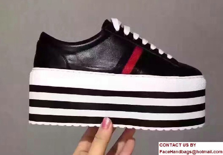 Gucci Heel 7.5cm Leather Low-Top Rainbow Platform Sneakers 452312 Black 2017 - Click Image to Close