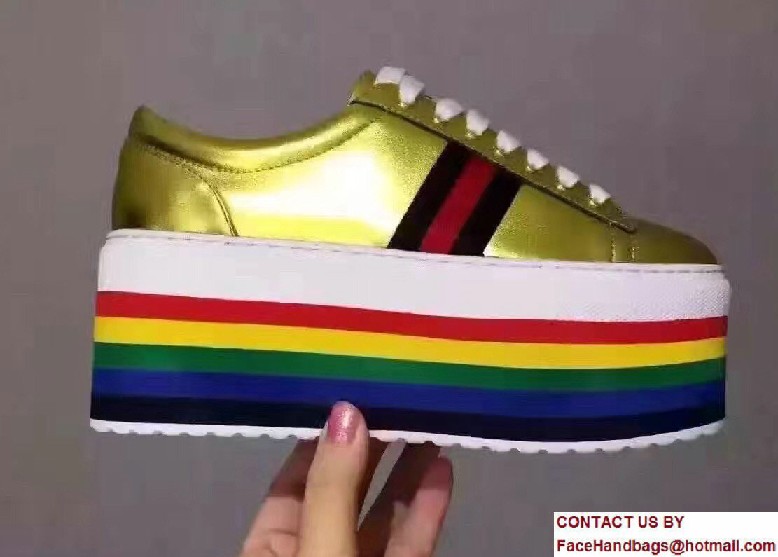 Gucci Heel 7.5cm Leather Low-Top Rainbow Platform Sneakers 452312 Gold 2017 - Click Image to Close