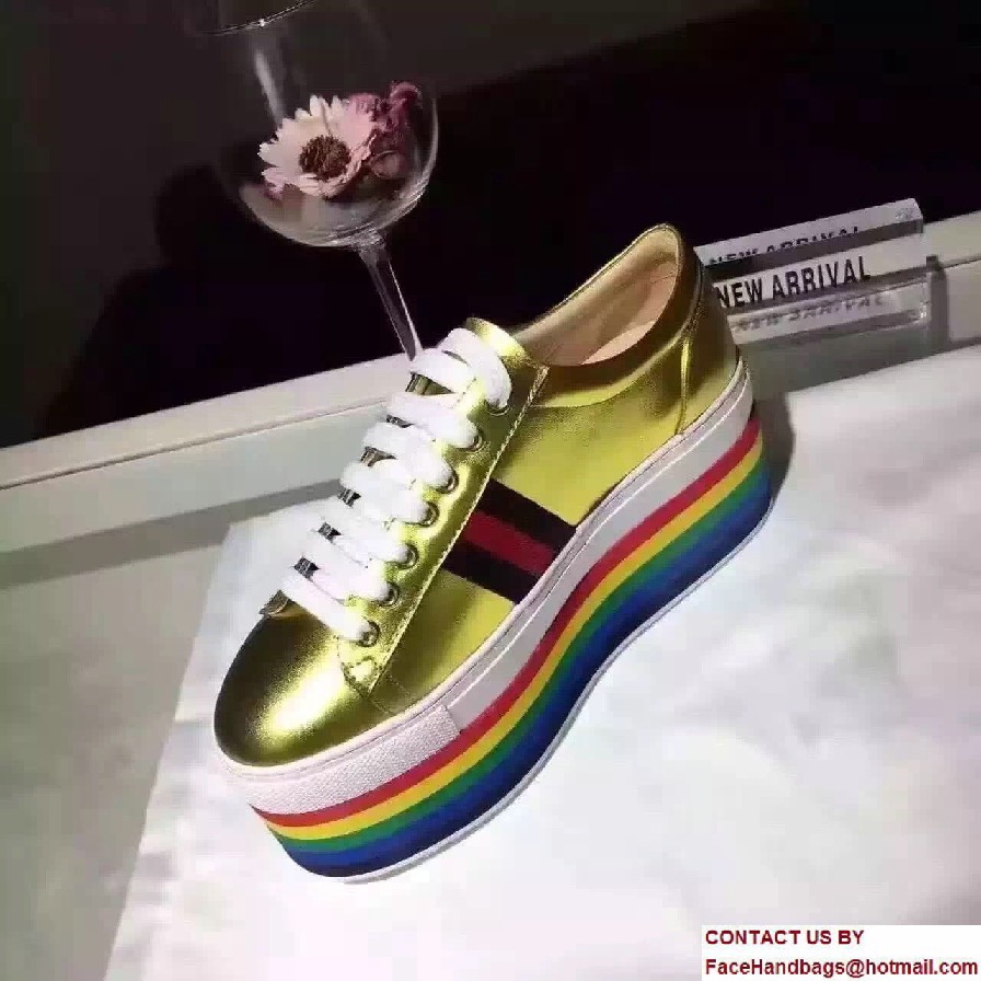 Gucci Heel 7.5cm Leather Low-Top Rainbow Platform Sneakers 452312 Gold 2017