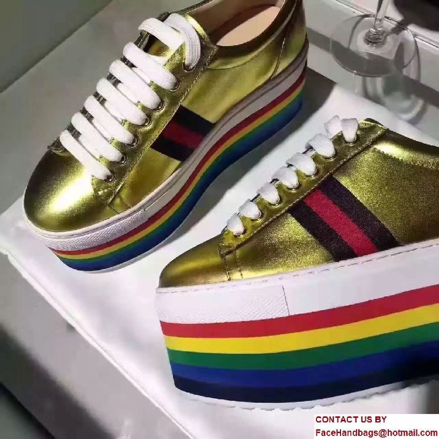 Gucci Heel 7.5cm Leather Low-Top Rainbow Platform Sneakers 452312 Gold 2017