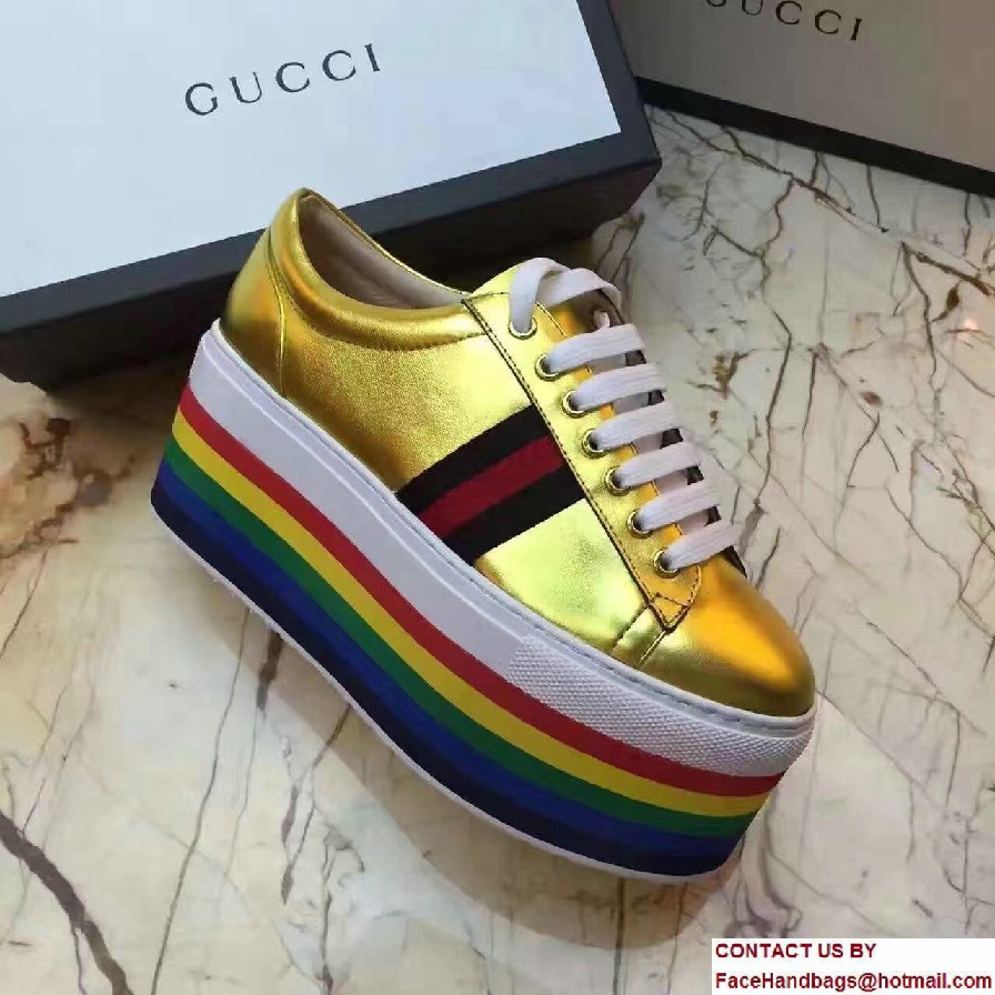 Gucci Heel 7.5cm Leather Low-Top Rainbow Platform Sneakers 452312 Gold 2017