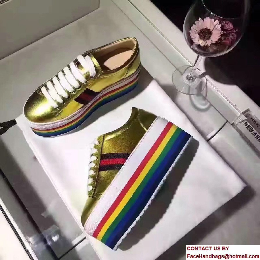 Gucci Heel 7.5cm Leather Low-Top Rainbow Platform Sneakers 452312 Gold 2017