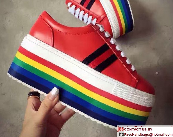 Gucci Heel 7.5cm Leather Low-Top Rainbow Platform Sneakers 452312 Red 2017 - Click Image to Close