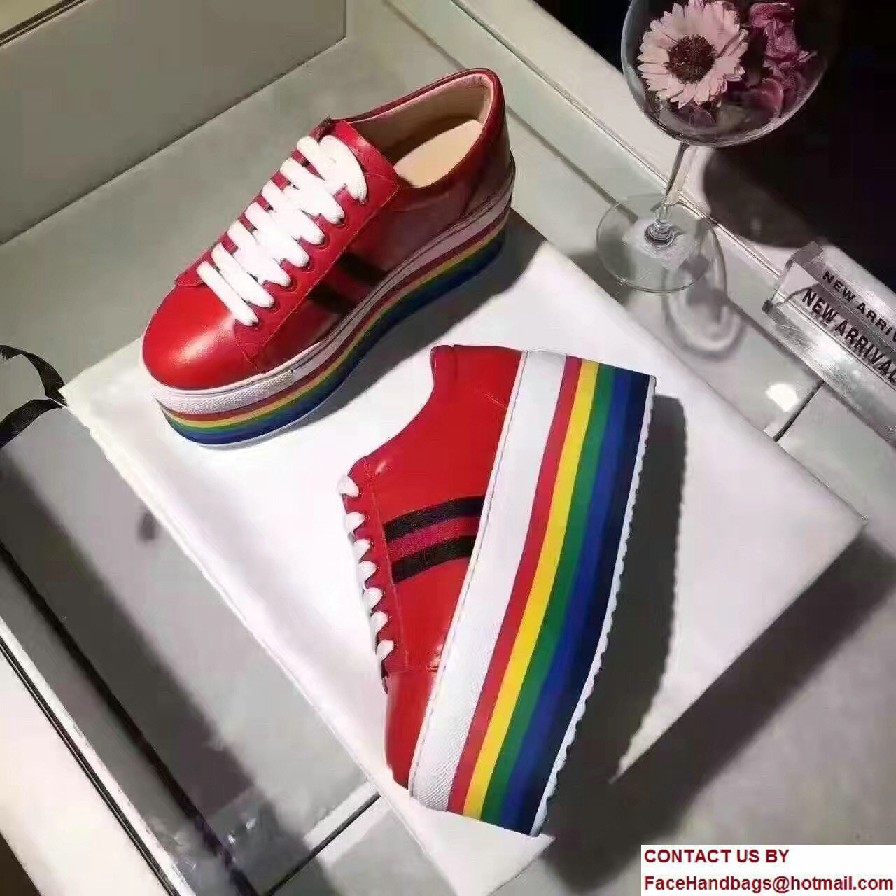 Gucci Heel 7.5cm Leather Low-Top Rainbow Platform Sneakers 452312 Red 2017