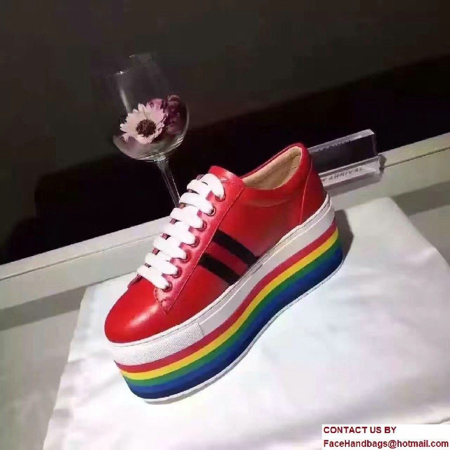 Gucci Heel 7.5cm Leather Low-Top Rainbow Platform Sneakers 452312 Red 2017