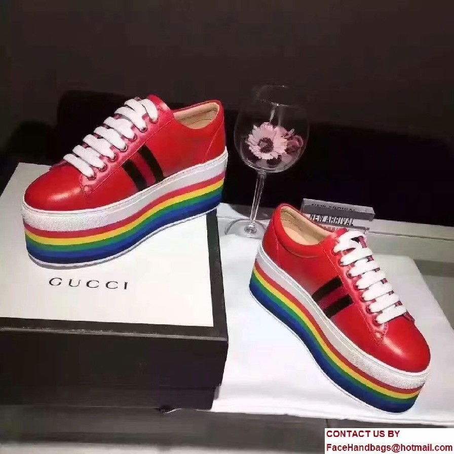 Gucci Heel 7.5cm Leather Low-Top Rainbow Platform Sneakers 452312 Red 2017