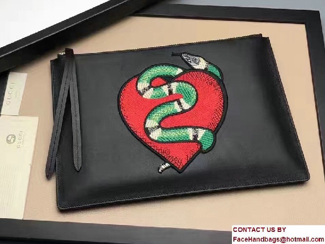 Gucci Leather Zip Pouch Clutch Bag 456864 Black Limited Edition Embroidered Heart And Snake 2017 - Click Image to Close