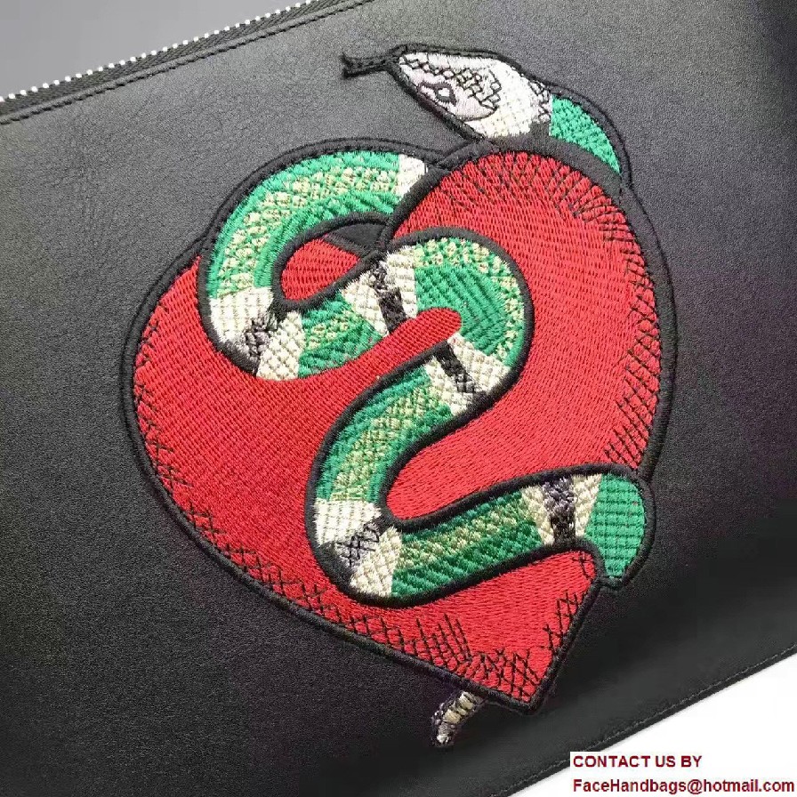 Gucci Leather Zip Pouch Clutch Bag 456864 Black Limited Edition Embroidered Heart And Snake 2017