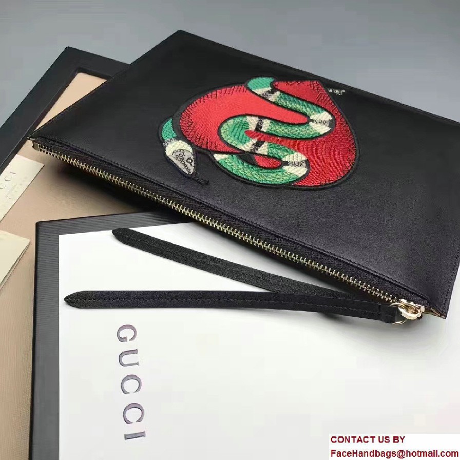 Gucci Leather Zip Pouch Clutch Bag 456864 Black Limited Edition Embroidered Heart And Snake 2017