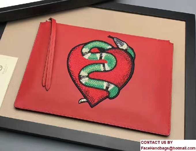 Gucci Leather Zip Pouch Clutch Bag 456864 Red Limited Edition Embroidered Heart And Snake 2017 - Click Image to Close