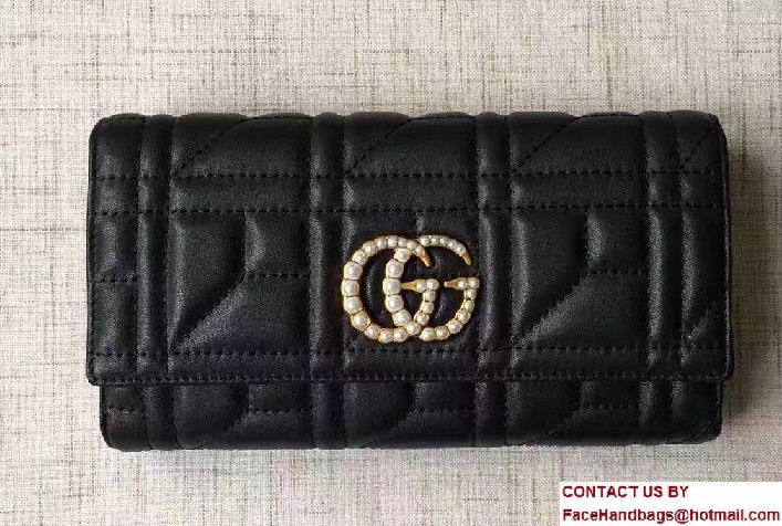 Gucci Pearl Logo GG Marmont Matelasse Chevron Continental Wallet 443436 Black 2016 - Click Image to Close