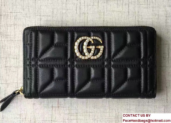 Gucci Pearl Logo GG Marmont Matelasse Chevron Zip Wallet 443123 Black 2016