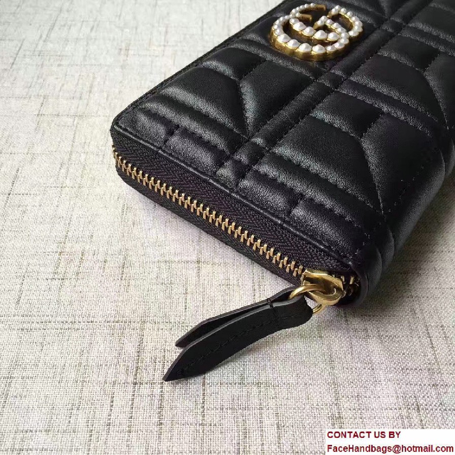 Gucci Pearl Logo GG Marmont Matelasse Chevron Zip Wallet 443123 Black 2016