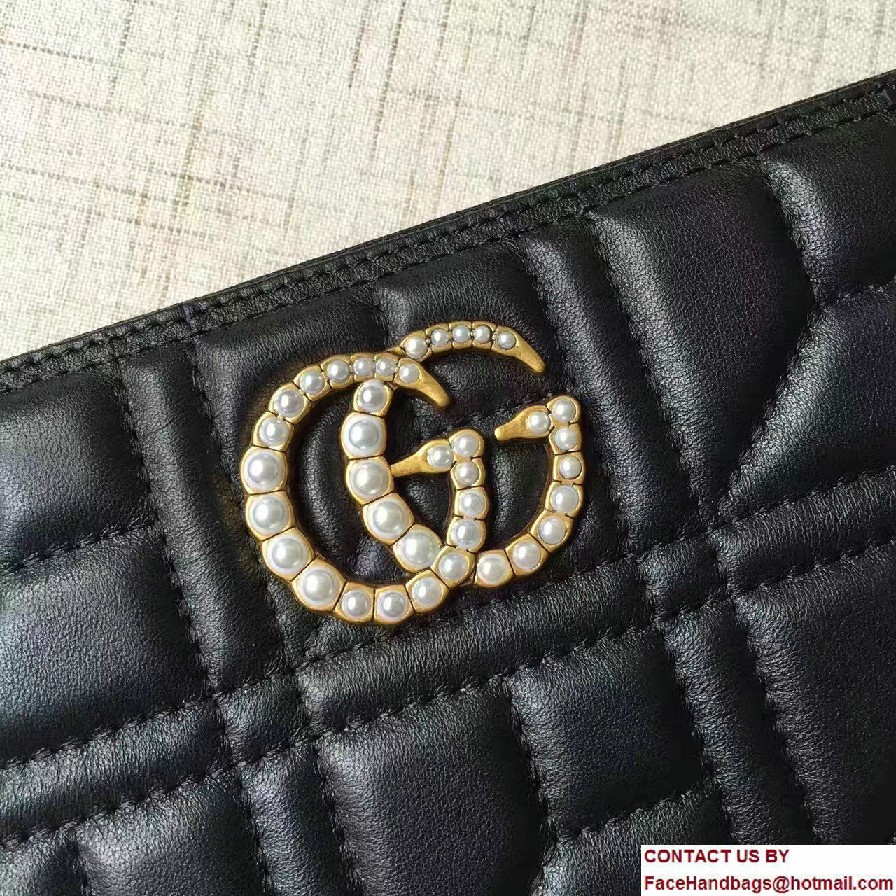 Gucci Pearl Logo GG Marmont Matelasse Chevron Zip Wallet 443123 Black 2016