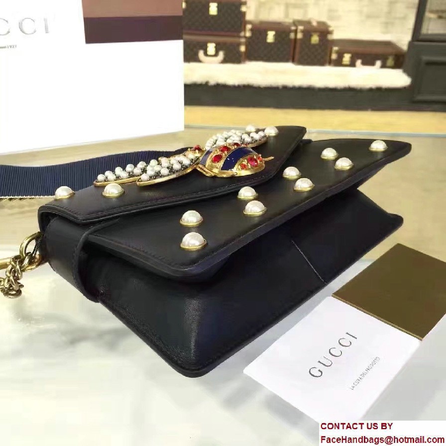 Gucci Pearl Studs And Metal Bee Broadway Leather Chain Clutch Bag 453778 Black 2017