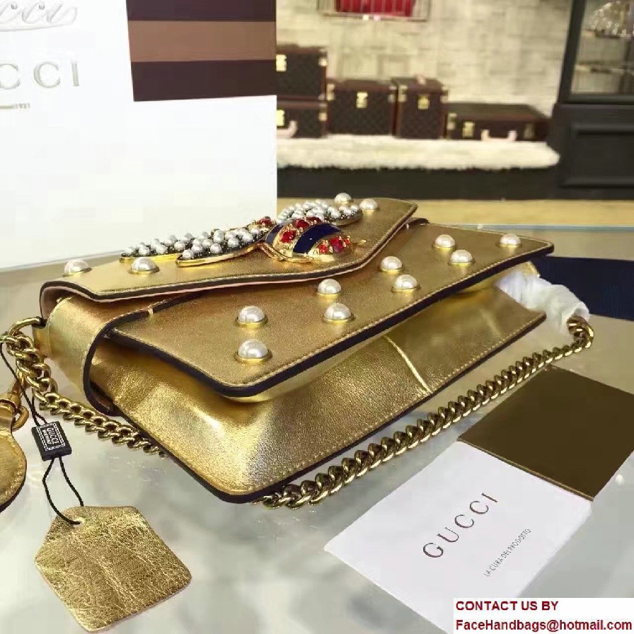 Gucci Pearl Studs And Metal Bee Broadway Leather Chain Clutch Bag 453778 Gold 2017