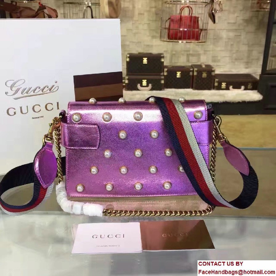 Gucci Pearl Studs And Metal Bee Broadway Leather Chain Clutch Bag 453778 Pink 2017