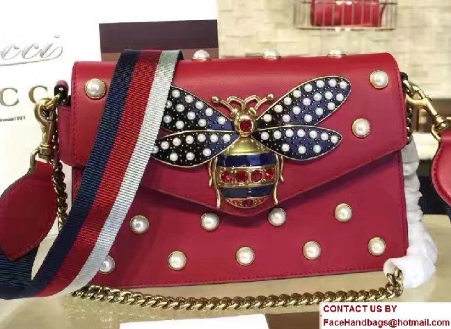 Gucci Pearl Studs And Metal Bee Broadway Leather Chain Clutch Bag 453778 Red 2017 - Click Image to Close