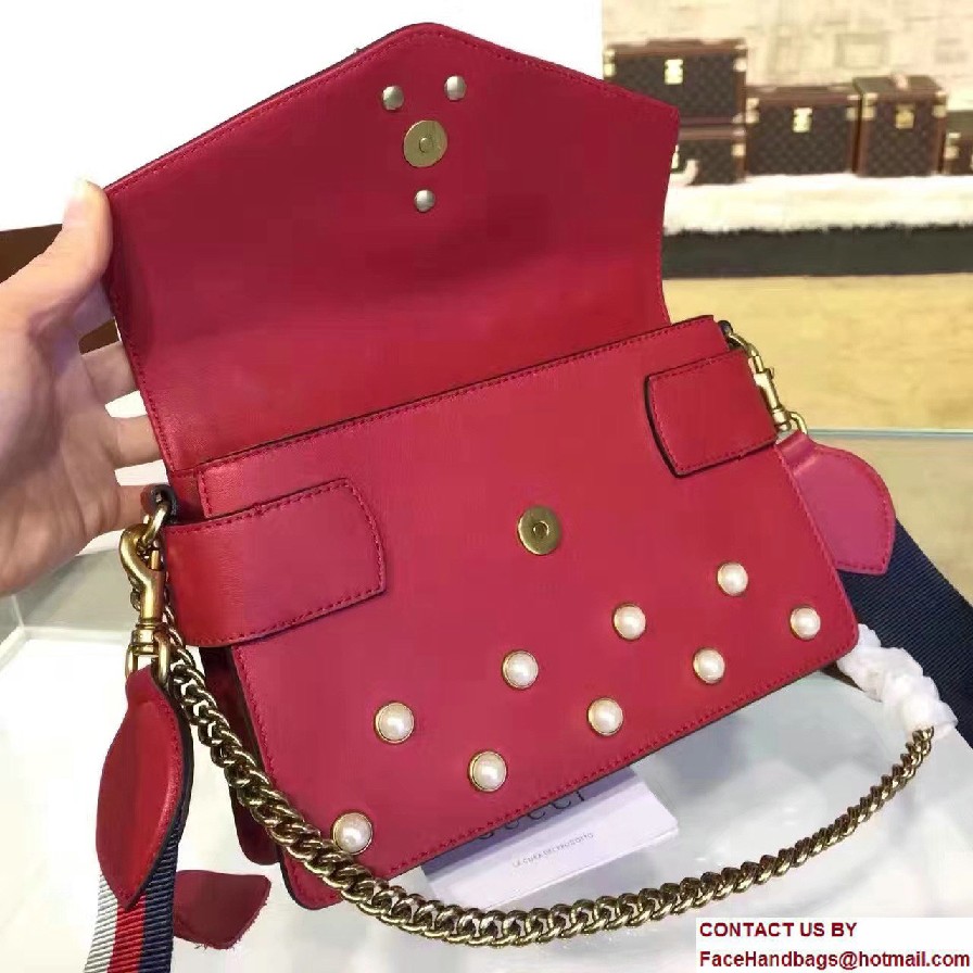 Gucci Pearl Studs And Metal Bee Broadway Leather Chain Clutch Bag 453778 Red 2017