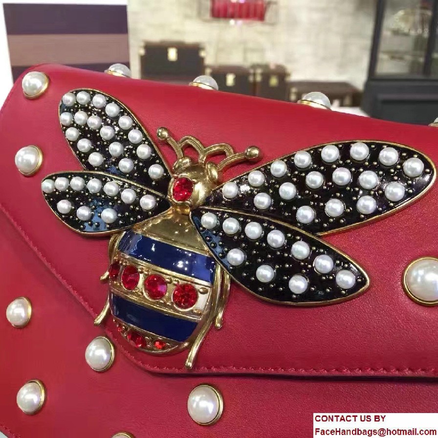 Gucci Pearl Studs And Metal Bee Broadway Leather Chain Clutch Bag 453778 Red 2017