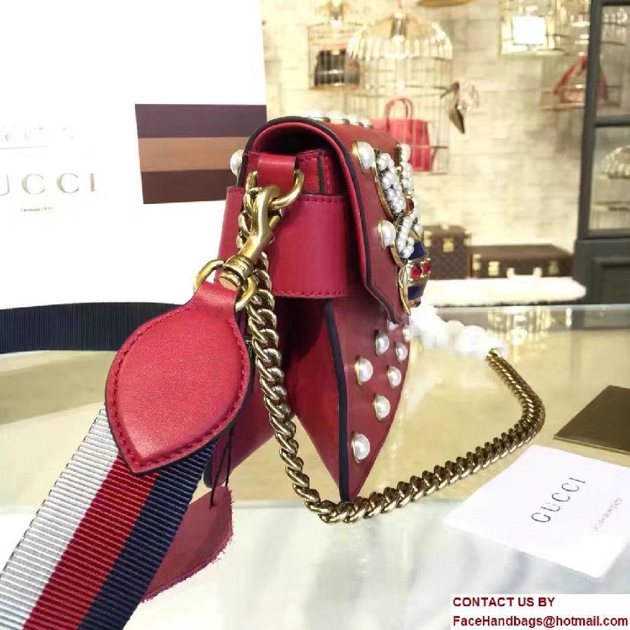 Gucci Pearl Studs And Metal Bee Broadway Leather Chain Clutch Bag 453778 Red 2017