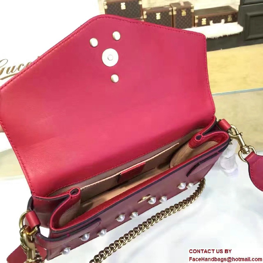 Gucci Pearl Studs And Metal Bee Broadway Leather Chain Clutch Bag 453778 Red 2017