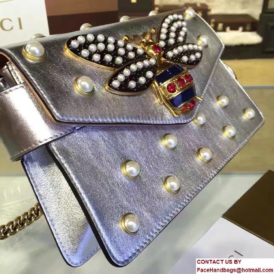 Gucci Pearl Studs And Metal Bee Broadway Leather Chain Clutch Bag 453778 Silver 2017