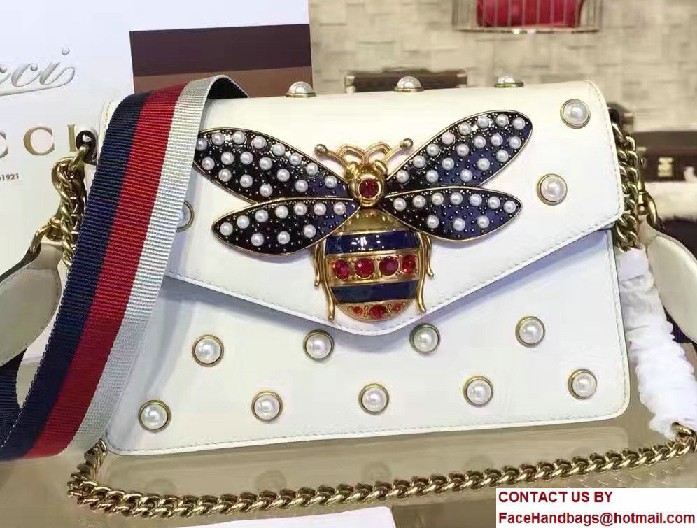 Gucci Pearl Studs And Metal Bee Broadway Leather Chain Clutch Bag 453778 White 2017 - Click Image to Close