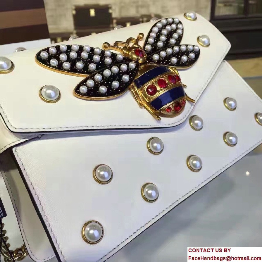 Gucci Pearl Studs And Metal Bee Broadway Leather Chain Clutch Bag 453778 White 2017