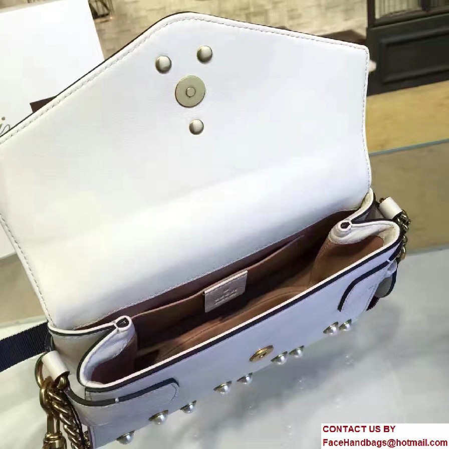 Gucci Pearl Studs And Metal Bee Broadway Leather Chain Clutch Bag 453778 White 2017