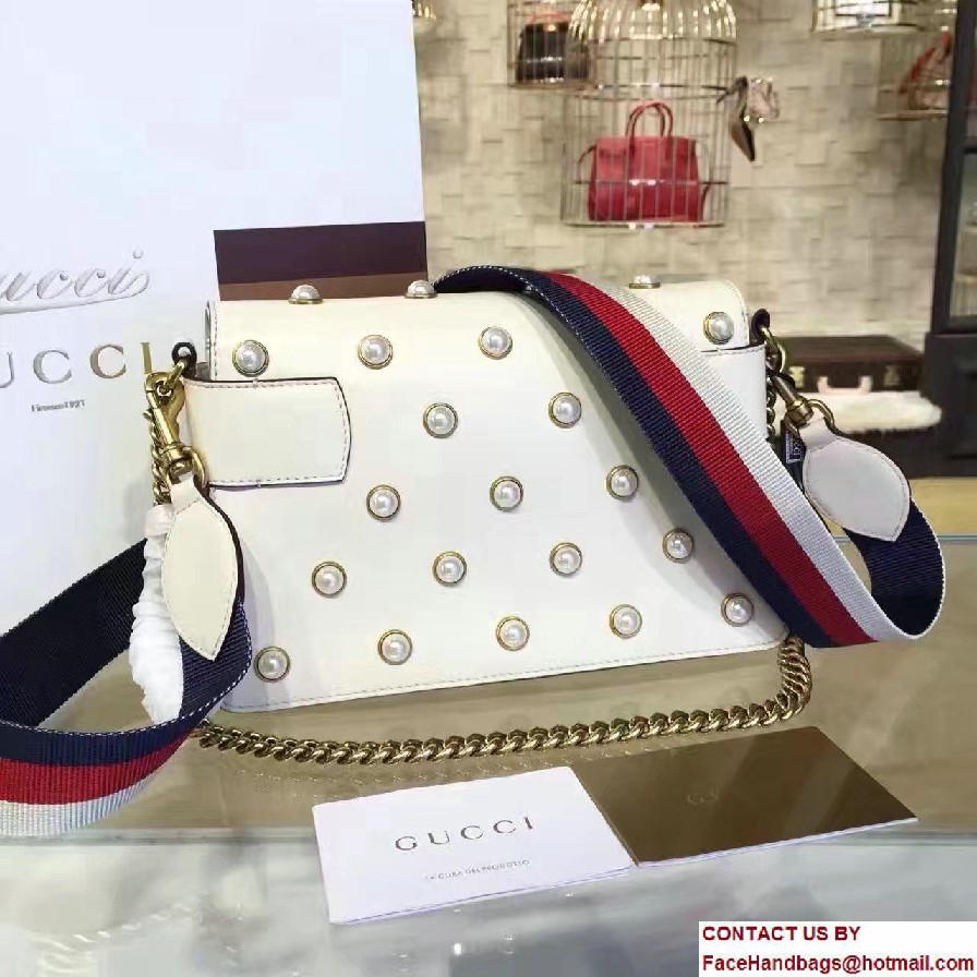 Gucci Pearl Studs And Metal Bee Broadway Leather Chain Clutch Bag 453778 White 2017