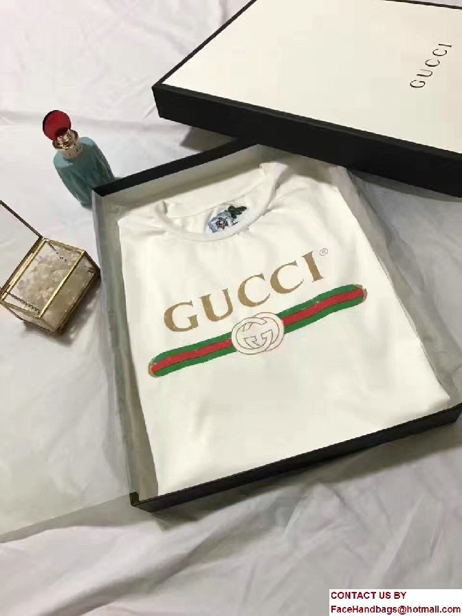 Gucci Print With Embroidered Flower Cotton T-Shirt 457095 White 2017