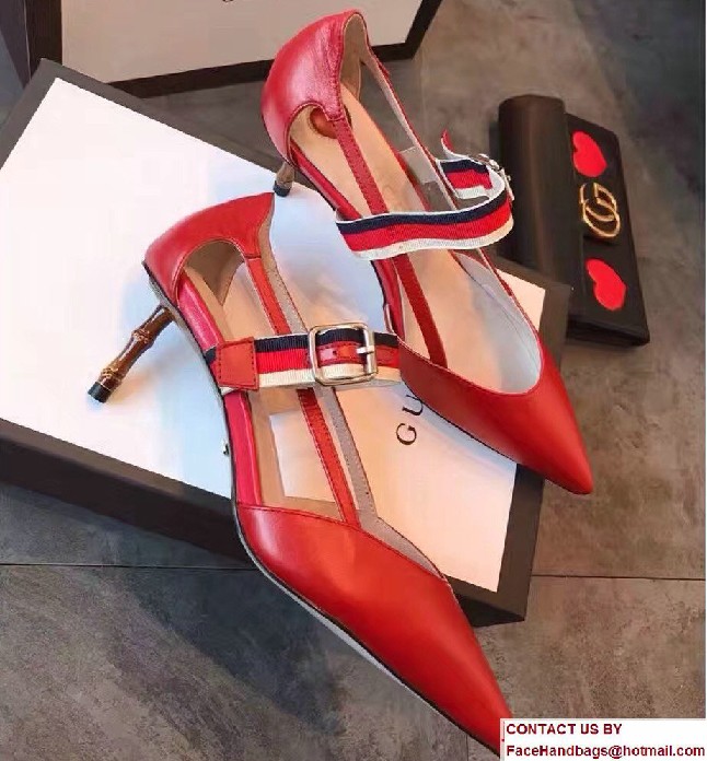 Gucci Sylvie Web Strap With Buckle Leather Point Toe Low Heel Pumps 460114 Red 2017 - Click Image to Close