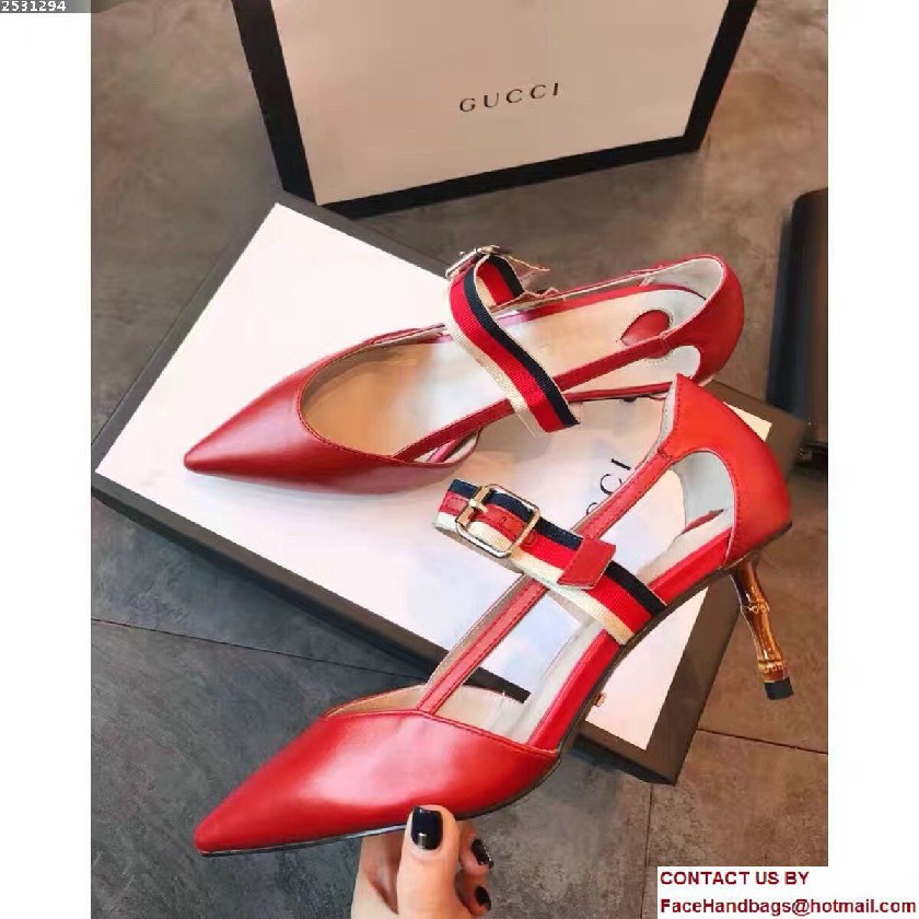 Gucci Sylvie Web Strap With Buckle Leather Point Toe Low Heel Pumps 460114 Red 2017