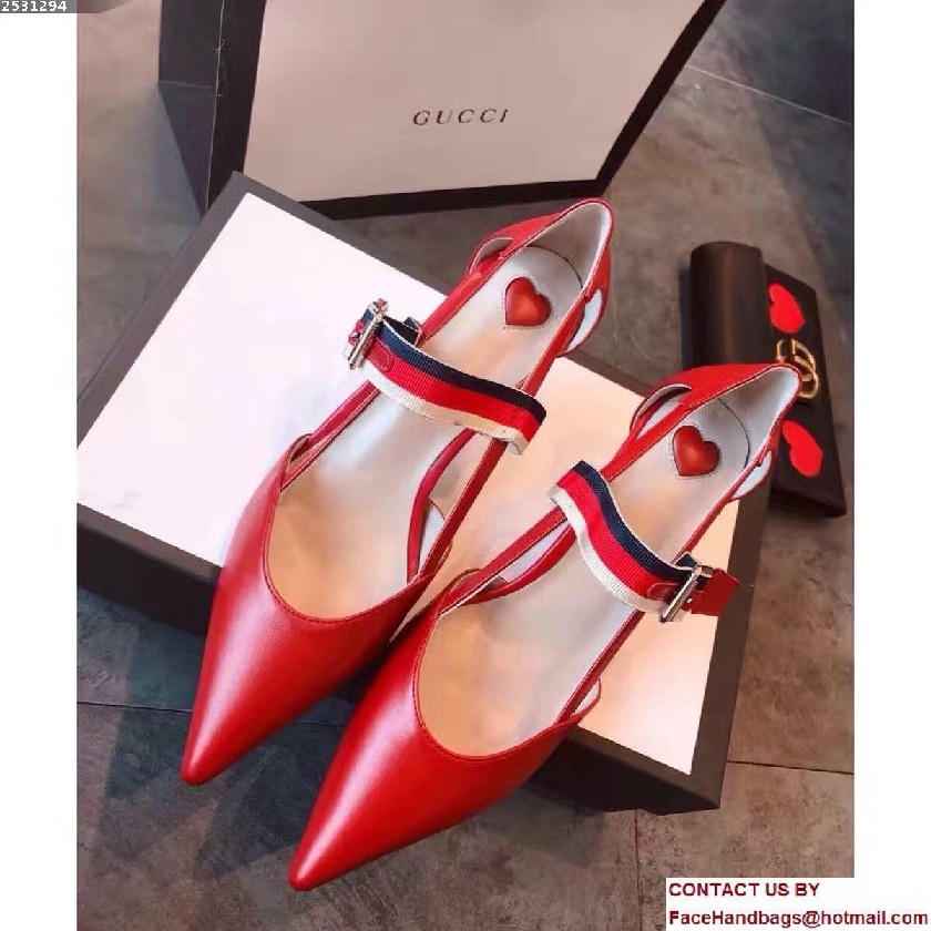 Gucci Sylvie Web Strap With Buckle Leather Point Toe Low Heel Pumps 460114 Red 2017