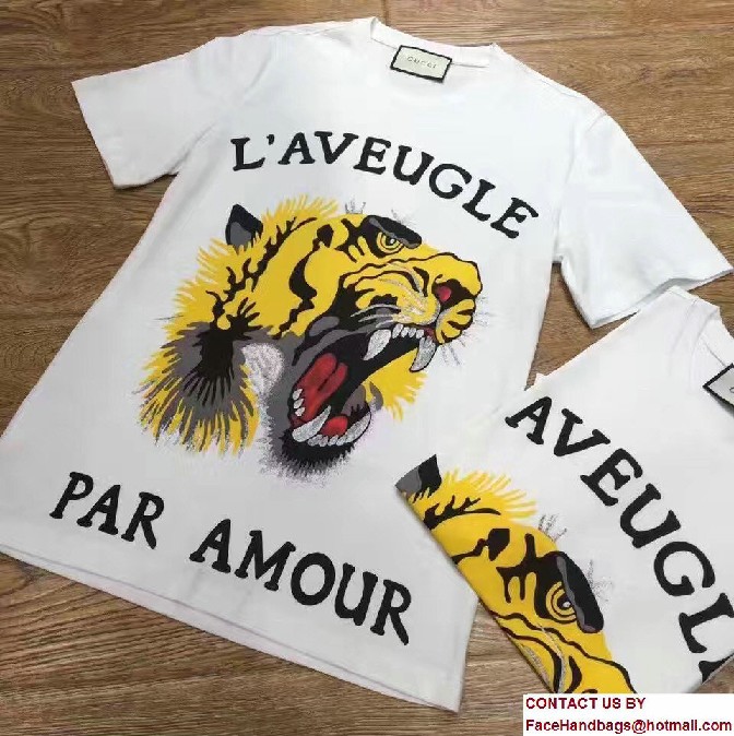 Gucci Tiger and L'Aveugle Par Amour Print Cotton T-Shirt 422731 White 2017 - Click Image to Close