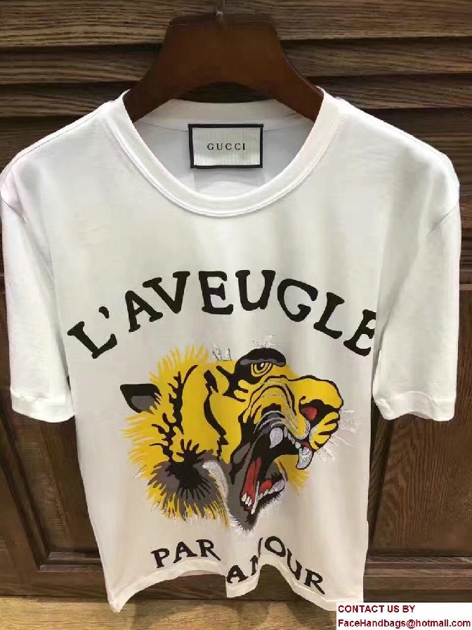 Gucci Tiger and L'Aveugle Par Amour Print Cotton T-Shirt 422731 White 2017